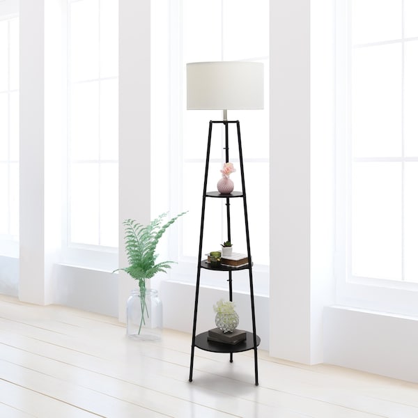 62.5in Modern Tripod 3 Tier Shelf Standing Floor Lamp, White Drum Fabric Shade, Black